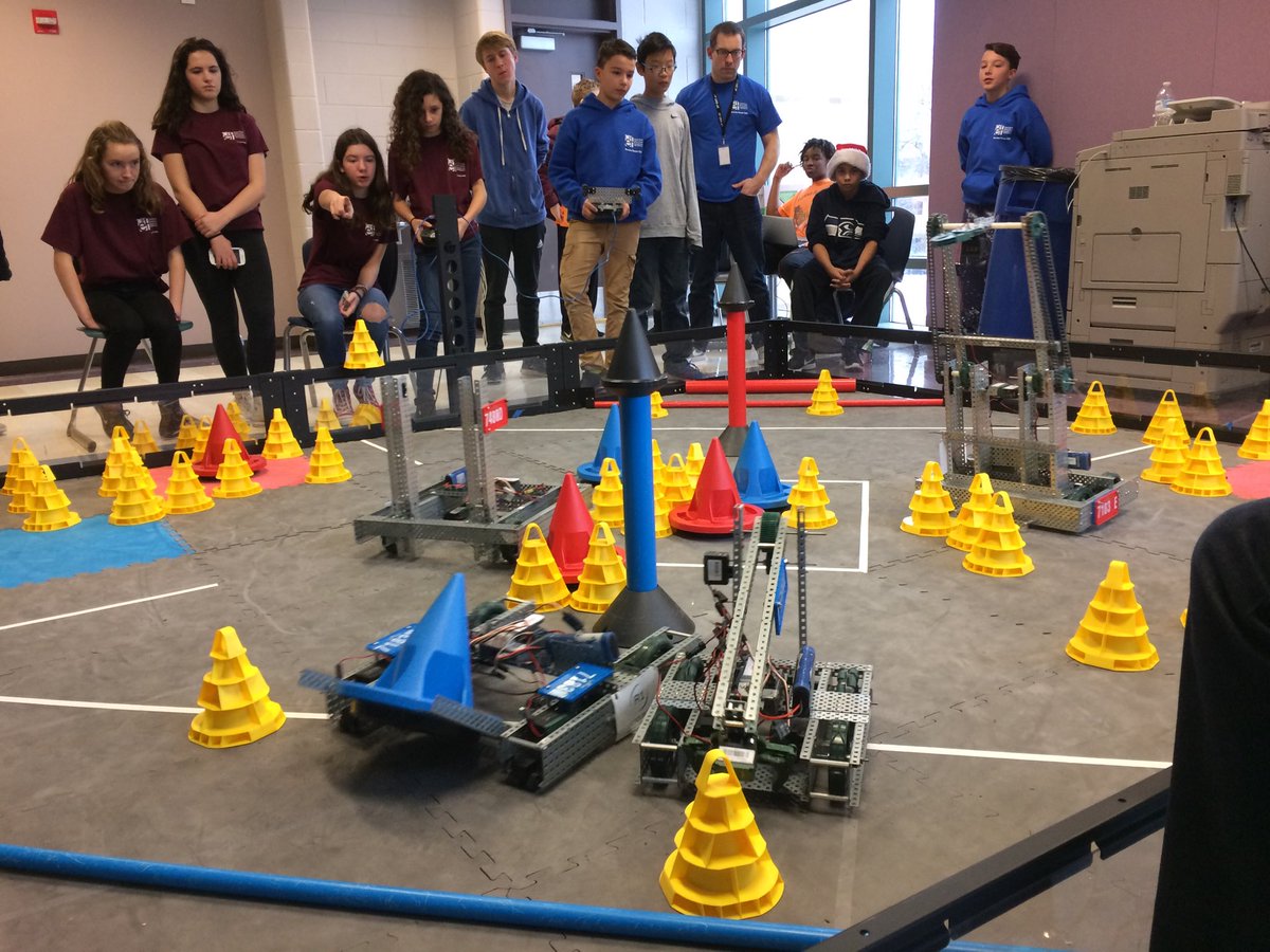 oprobotics's tweet photo. Julian &amp; Brooks battle for position &amp; cones at this morning’s Chicagoland Robotics League competition at Brooks. https://t.co/U8DTskdxyw