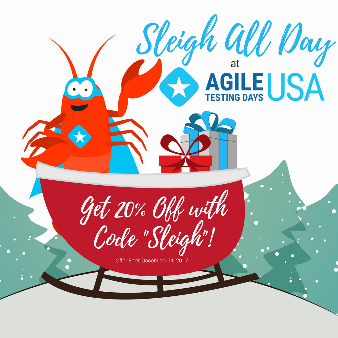 AgileDevPrac's tweet photo. We have a special christmas gift for you!
Endow yourself &amp; your team with a 20% discount for the #AgileTDUSA
from June 25 - 29, 2018 in Boston, MA by using the code "Sleigh".
Register now! Offer ends December 31, 2017. https://t.co/lQX7cW6Egd
 @TechWell @AgileTD https://t.co/ypUOjjnFMp