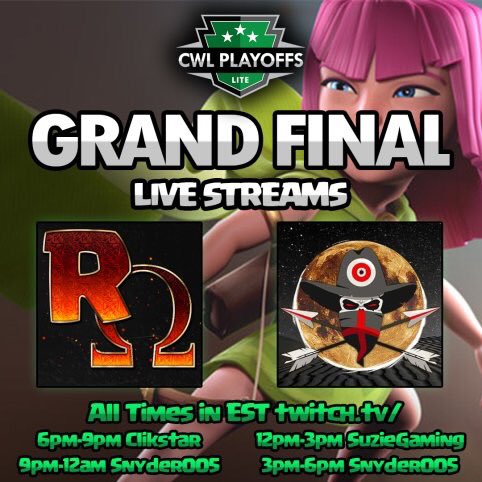 Live now <a href="/champwarleague/">Champions War League</a> <a href="/Labs_Omega/">Omega Labs</a> vs <a href="/Archer_Outlaws/">+Archer Outlaws</a> twitch.tv/suziegaming