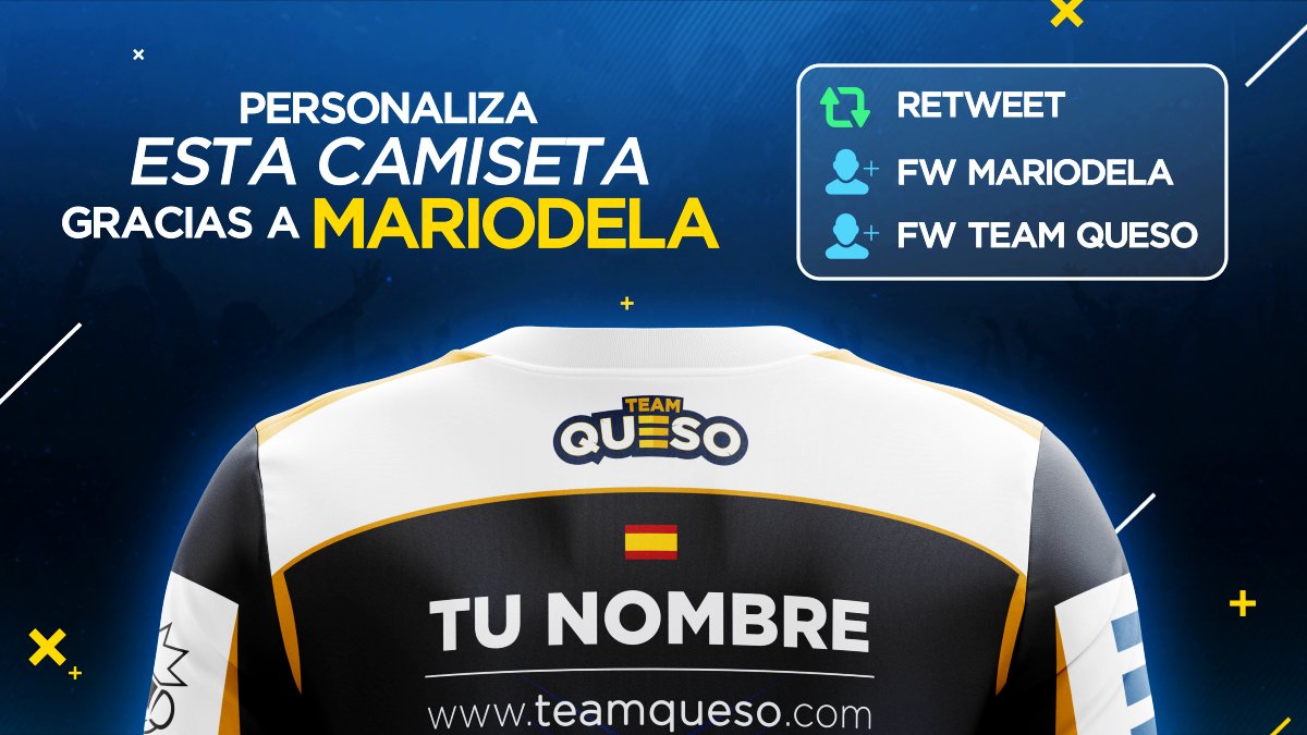 🧀¡Sorteo de 1 camiseta de <a href="/TeamQuesoGG/">Team Queso</a> 100% personalizada!🧀
Requisitos para participar;
1- Follow <a href="/Mariodela/">Mario Lorente 🐺</a> 
2- Follow <a href="/TeamQuesoGG/">Team Queso</a> 
3- RT este tweet
Finaliza el 24 de diciembre. ( Envío a todo el mundo )
