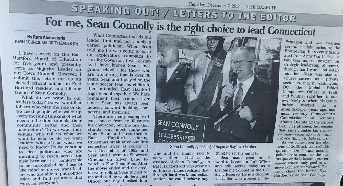 Connolly4CT's tweet photo. If you're looking for something to read while snowed in today, check out this letter in the East Hartford Gazette from East Hartford Town Council Majority Leader Ram Aberasturia.
Stay safe out there and, together, let's restore Connecticut opportunity!
#Connolly4CT #CTtogether https://t.co/4phyDwgBI4