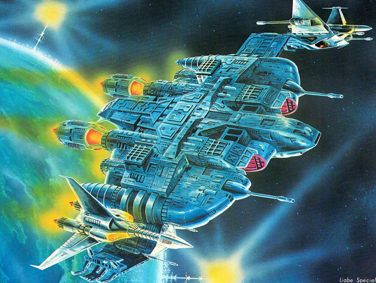 retroscifiart's tweet photo. Concept art for Message From Space(1978) from the soundtrack LP booklet. Art is uncredited but could be Ishimori. https://t.co/23ayBmH0xl