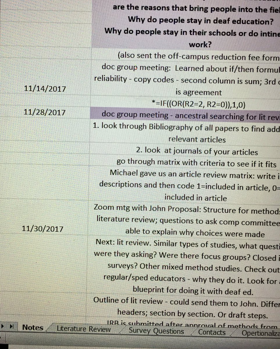 KymPMeyer's tweet image. #DissertationPlanning/2 - the tweet series. The NOTES TAB in @msexcel: list your research Qs, meeting notes, doc seminars, advisor interactions. Label dates, the activity (what was done) and next steps. #phdadvice #GradSchool #AcWri