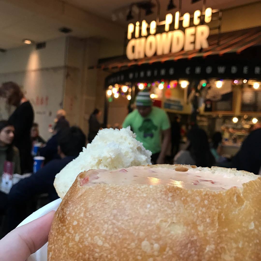 Get out of the cold &amp; into bread bowl at <a href="/pikeplchowder/">Pike Place Chowder</a>. 📷: aaliyahfromseattle

#VisitSeattle #pikeplacemarket