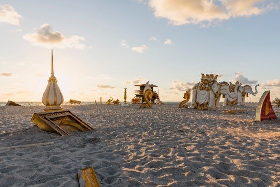 The Sinking of the Taj Mahal. For months, artist Peter Tunney has been carefully collecting giant pieces of the infamous Taj Mahal casino from Altantic City to convert these ruins into The Sinking of the Taj Mahal, a site specific installation at Faena Beach, Miami.