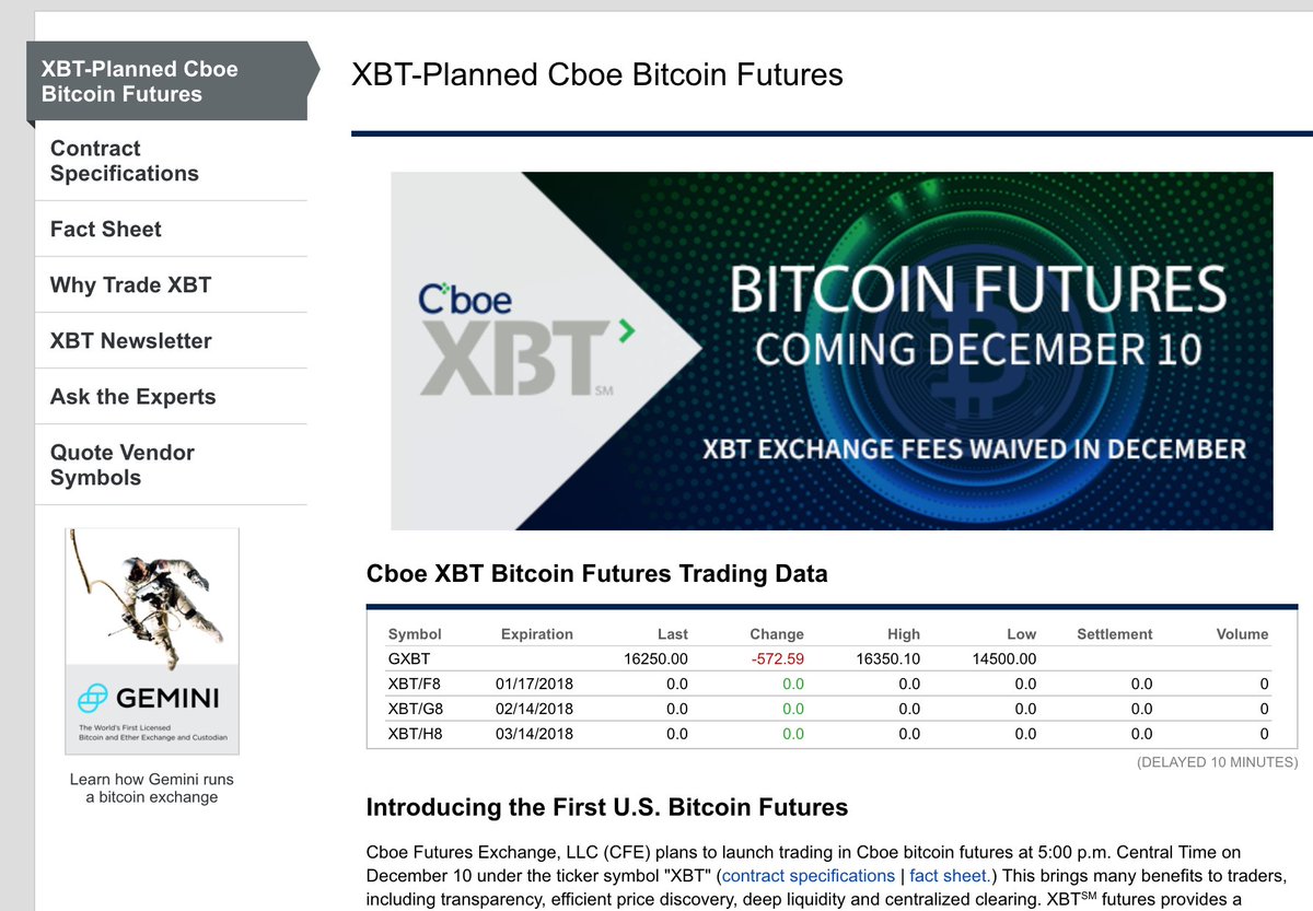 Mañana a las 8pm de Argentina, comienza a operar los futuros primeros  futuros de Bitcoin en Chicago (en el CBOE Futures Exchange). El 18 de dic  comenzarán a operar en el CME (