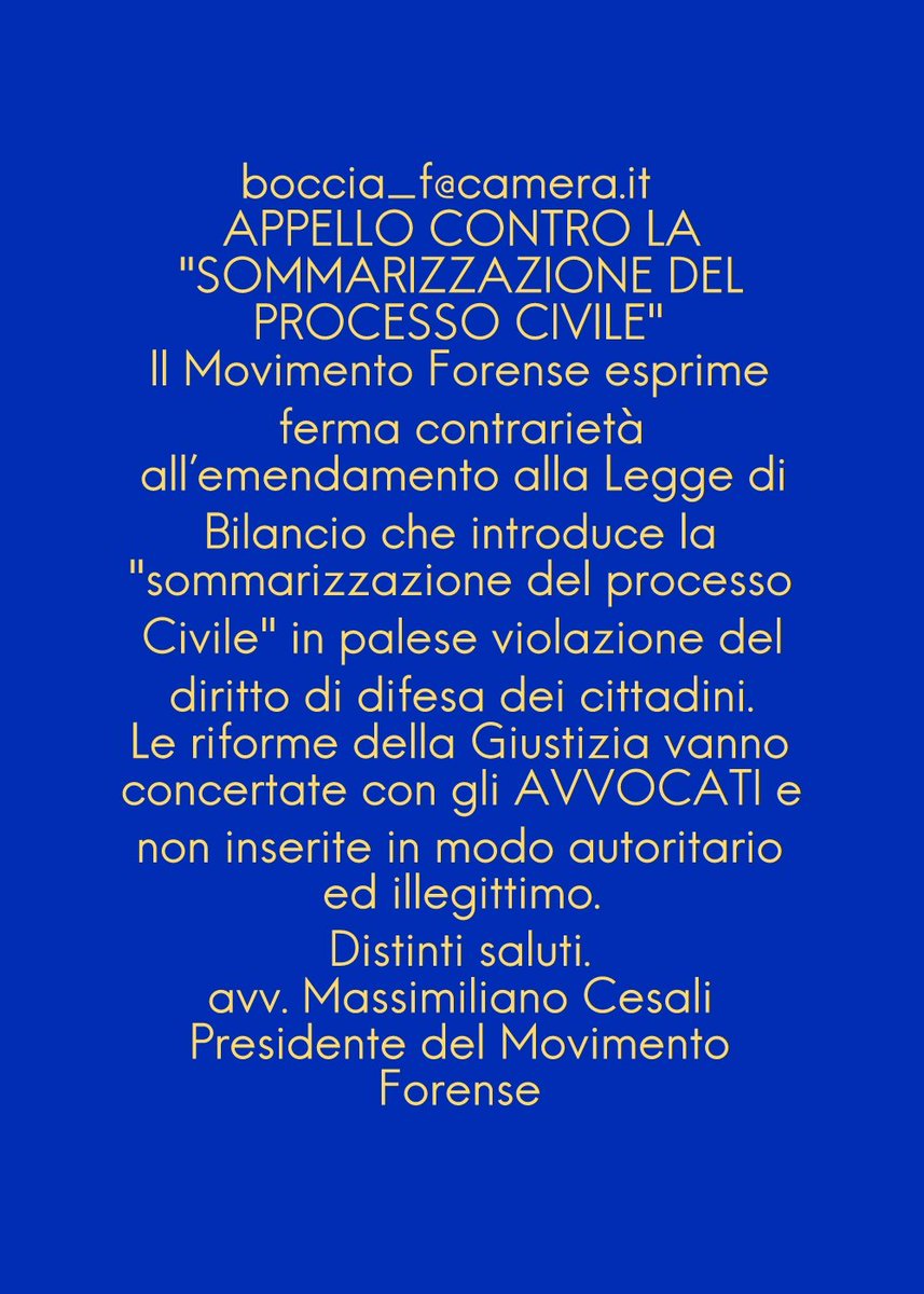 Avv_E_Ferraro's tweet photo. Cari colleghi #Avvocati, scrivete all'On. Boccia.
Fatelo per la nostra professione, e per i diritti dei cittadini. https://t.co/VEwuJQZlph