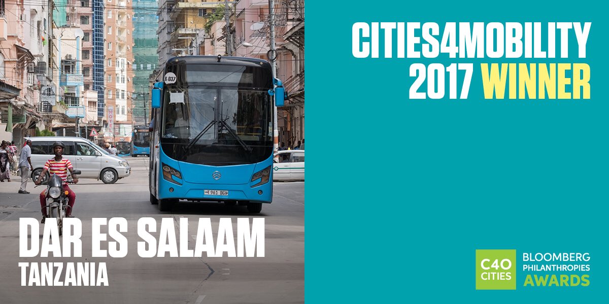 c40cities's tweet photo. Dar es Salaam is among 10 global cities named winners for the 2017 #Cities4Mobility award in recognition of the Dar Rapid Transit (DART) project https://t.co/eIMd8L7326 #C40Awards https://t.co/sWWowc52FP