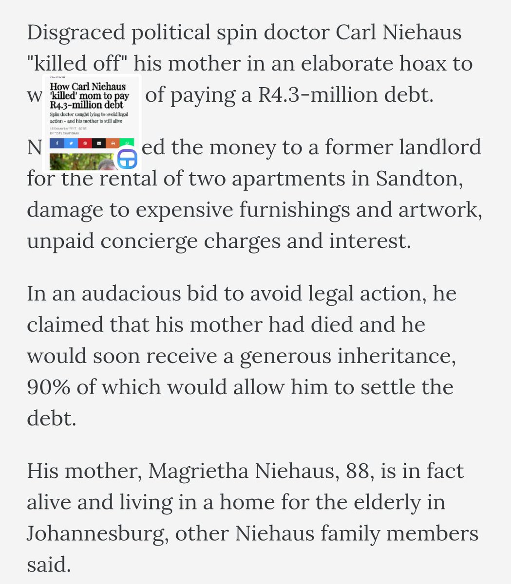 Eusebius's tweet photo. How grossly fraudulent and messed up must a human be - call him Carl Niehaus - to pretend your mom is dead so you can delay paying millions you owe someone else? https://t.co/75qkW06Awr