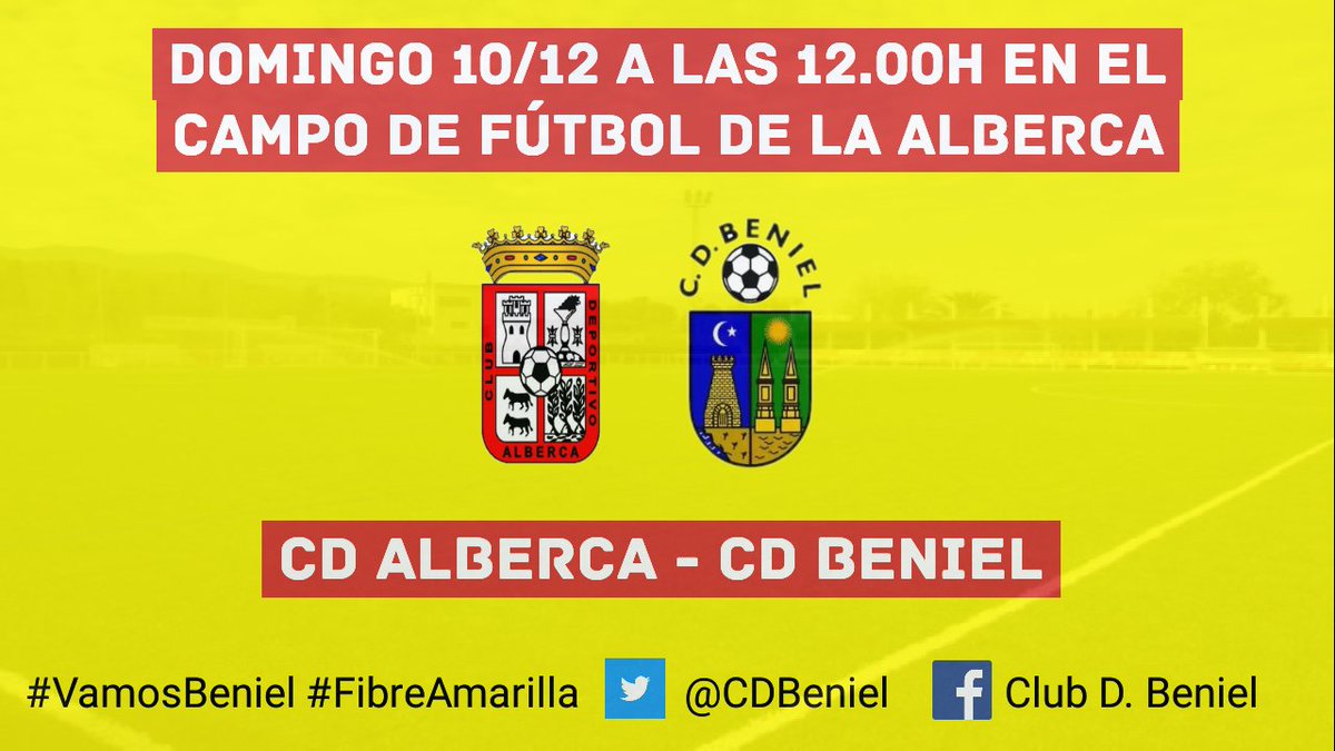 J15| DÍA DE PARTIDO ✌
⚽️ <a href="/cd_alberca/">CD ALBERCA</a> - CD Beniel
¡Vamos equipo, vamos afición! 
#VamosBeniel #FiebreAmarilla  
<a href="/treceraG13/">Trecera.com ⚽️</a>