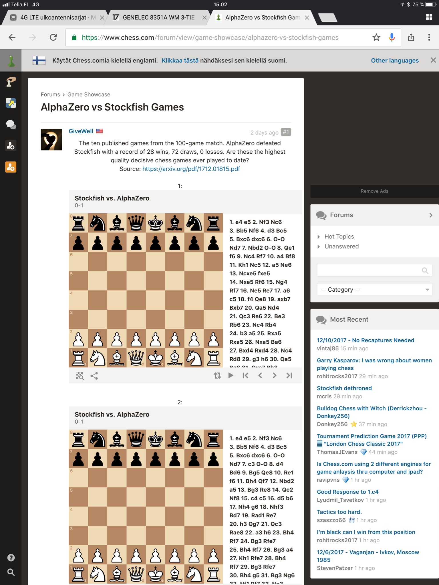 Stockfish 9 vs AlphaZero, Part 3