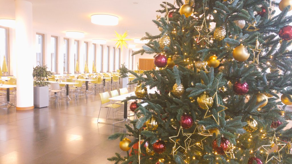 ein geschmückter Tannenbaum in der menschenleeren Kantine des BMI