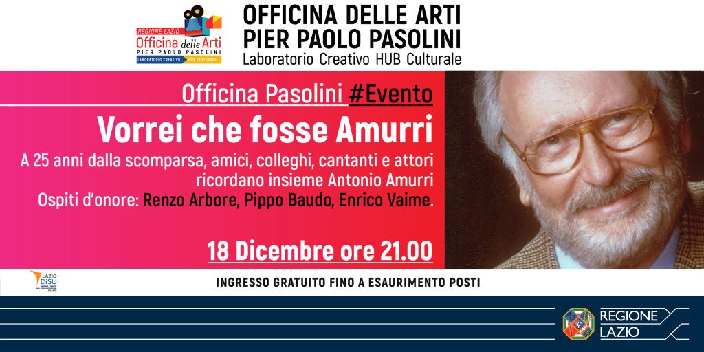 #OfficinaPasolini #HUB
A venticinque anni dalla scomparsa, amici, colleghi, cantanti e attori ricordano #AntonioAmurri in uno spettacolo di musica, letture e aneddoti. Un evento speciale, con tanti ospiti, per raccontare un artista poliedrico.
#eventi #live #roma