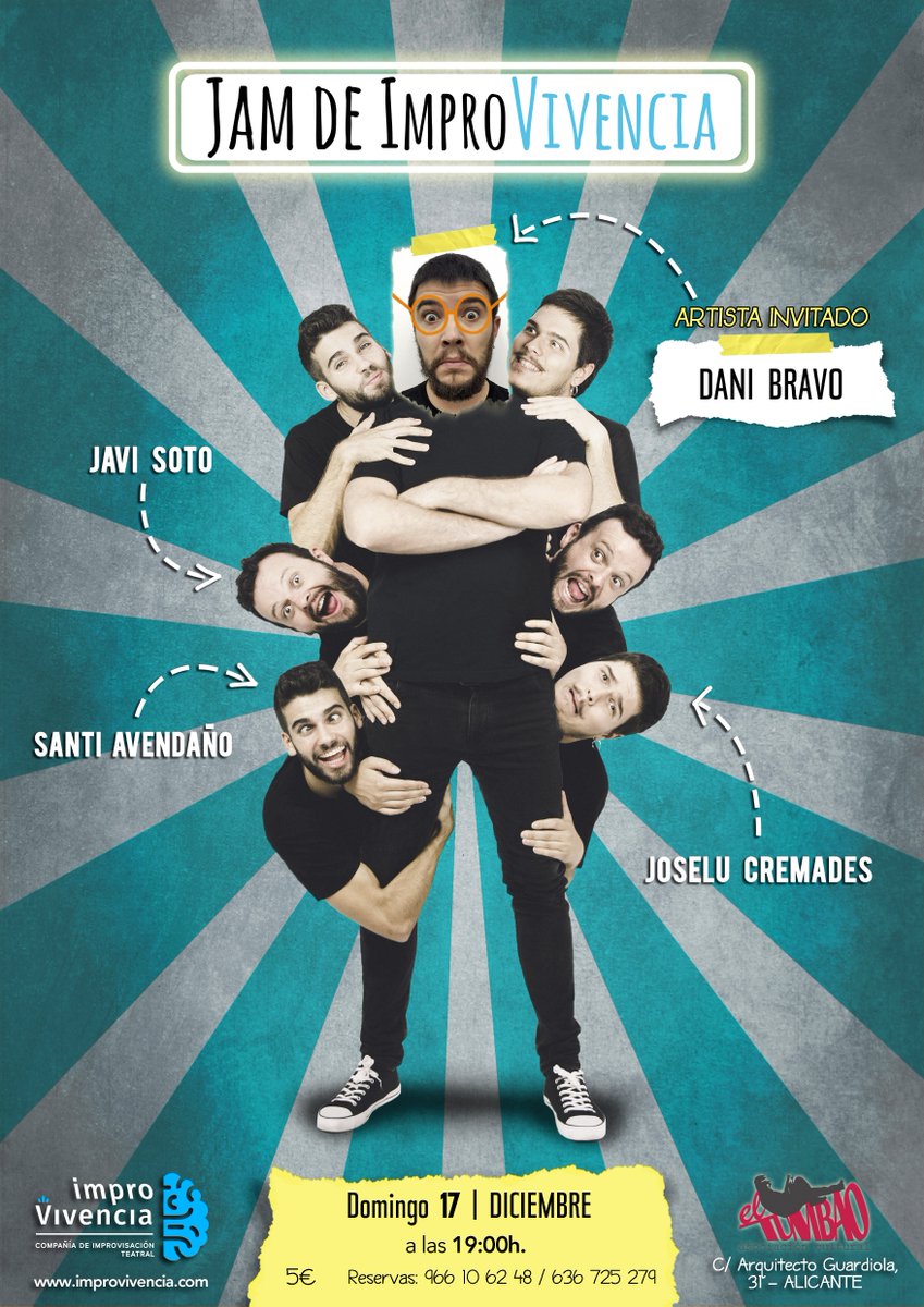 ImproVivencia's tweet photo. ¿No tienes plan para el próximo domingo en ALICANTE?

Pues vente a nuestra #JAMdeImpro con el músico e ilustrador @danibravoilus  como artista invitado. El domingo 17 a las 19:00h. en @TTumbao 

¡Llama para reservar!

#Impro #Alicante #PlanDeDomingo https://t.co/HuLVFOSKA0