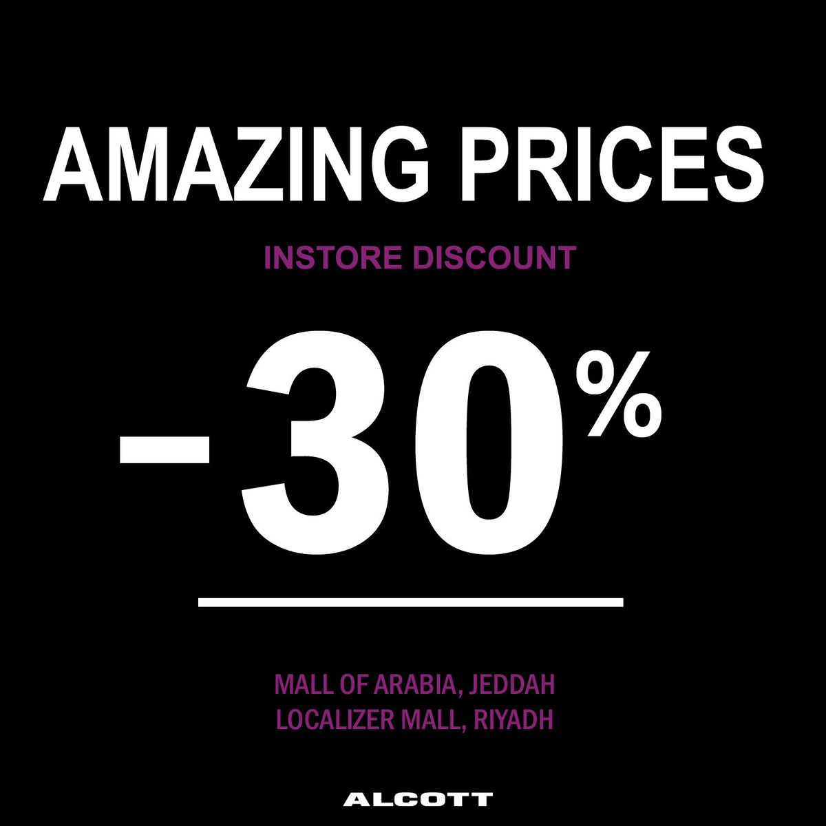 استمتع بأسعار ألكوت المذهلة، 30 % خصم بجميع الفروع.
Enjoy Alcott Amazing Prices with 30% instore discount.
#alcott.ksa #localizermall #mallofarabia #sale #تسوق_السعودية #تسوق