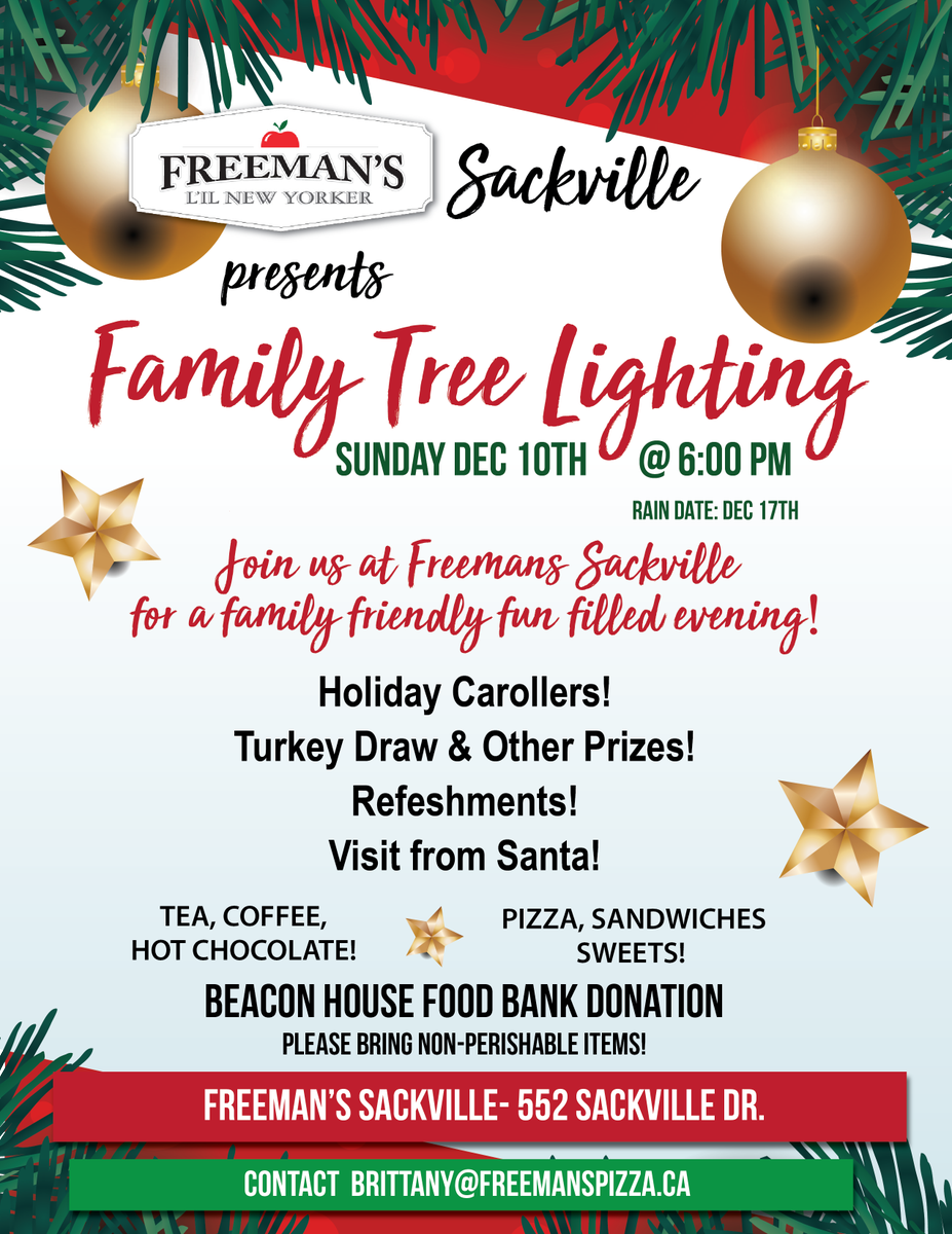 FreemansPizza's tweet photo. Make your way to Freeman's #Sackville tonight for our Family Tree Lighting!! 6pm! #music #turkeydraw #snacks #santa https://t.co/XdeWAMIPyB