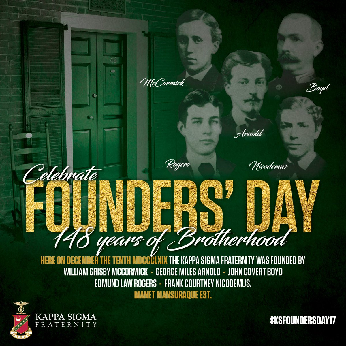 #otd 148 years ago those 5 Friends and Brothers gathered at 46 East Lawn and started the Kappa Sigma Fraternity in America, forever changing the fraternal world! Happy #KSFoundersDay17! #AEKDB