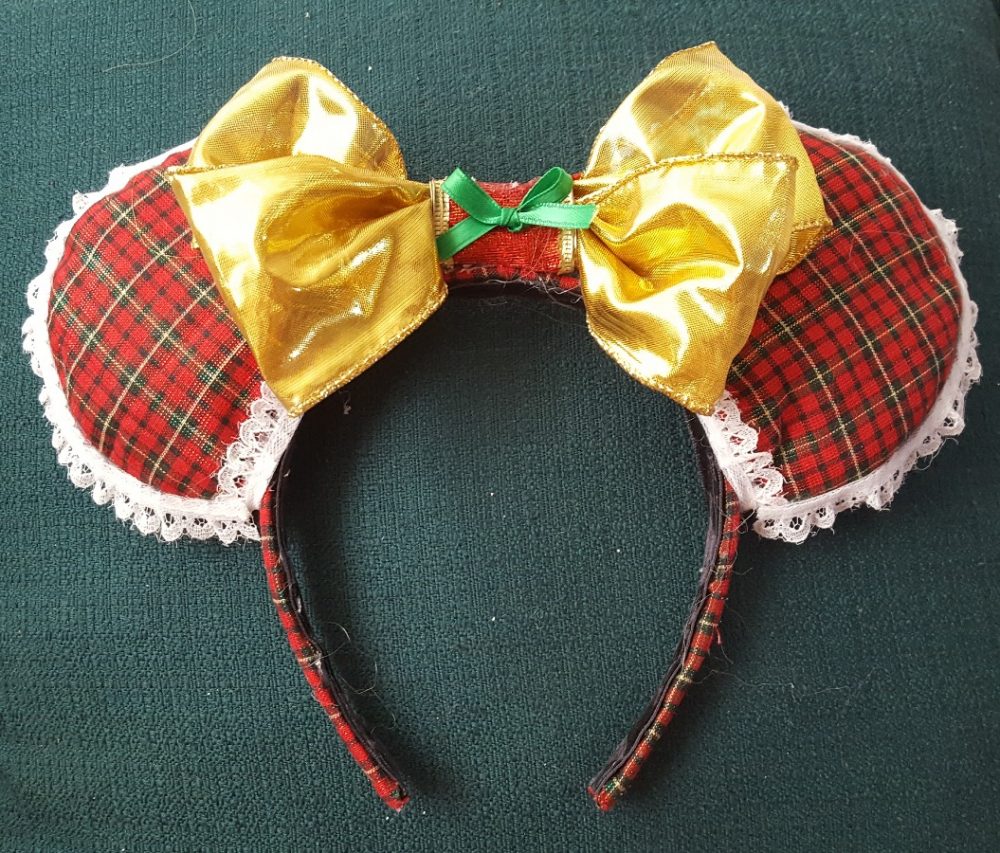 BUY Online From Here: bit.ly/2BQ0XCy Handmade Mickey/Minnie Mouse Ears Headband by rings42000 Handmade Mickey/Minnie Mouse Ears Headband. Christmas Caroler themed with red and green plaid fabric ears with white lace trim and a shiny gold bow. Will fit adults and ...