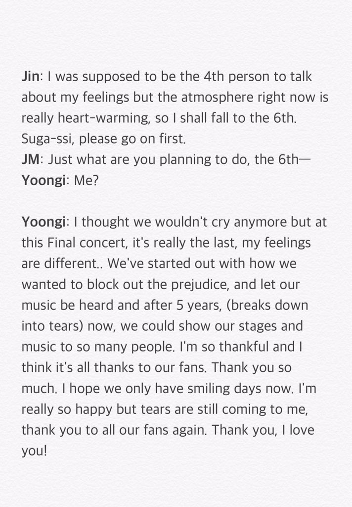 171210 wings tour final day 3 — ending ment  pt.4 this was supposed to come after jungkook's ment! i missed this part while uploading it ㅠㅠ