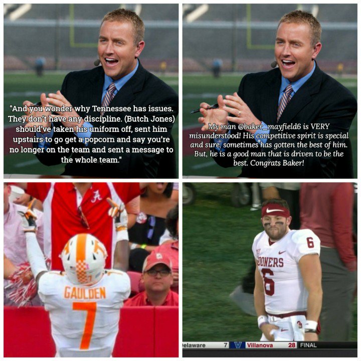 Debris44_'s tweet photo. I guess winning gives you a pass to be a huge douchebag.  People that are frustrated by losing should be held to a higher standard, per Kirk #Herbstreit

@KirkHerbstreit @ESPN #VolTwitter #Vols #Gaulden #Mayfield #hypocrisy https://t.co/TmATEFMSEY