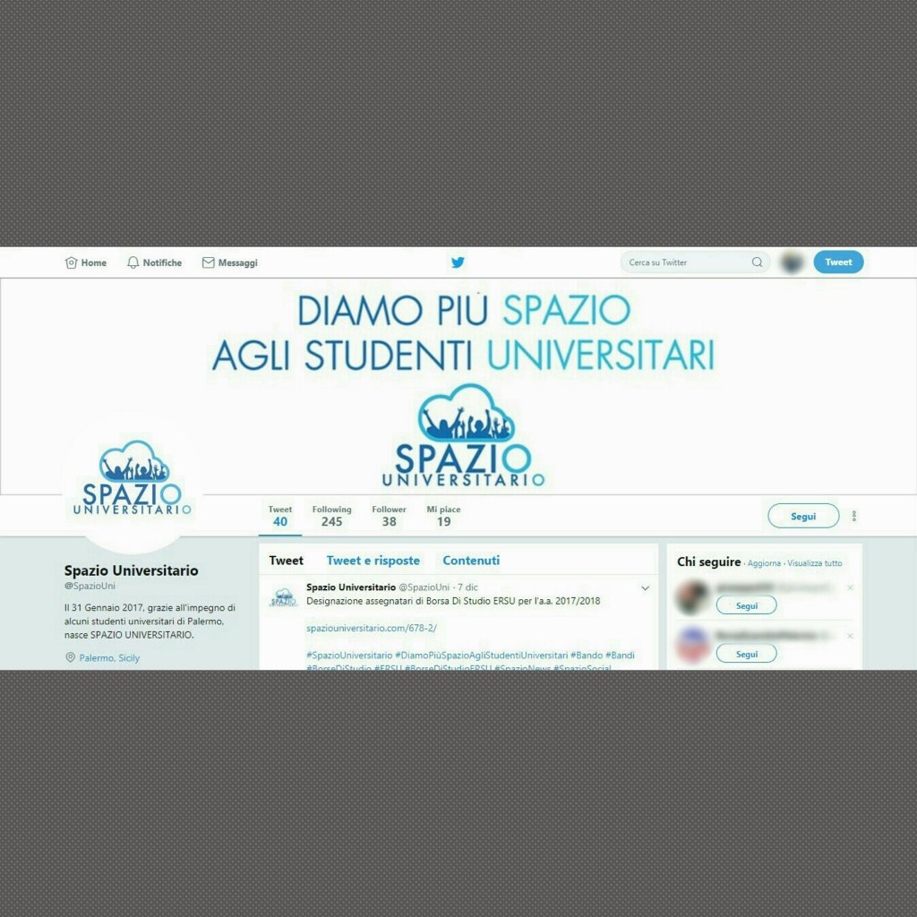 SpazioUni's tweet photo. Il 31 Gennaio 2017 nasce SPAZIO UNIVERSITARIO.

DIAMO PIÙ SPAZIO AGLI STUDENTI UNIVERSITARI

Seguici anche su #Twitter :  https://t.co/dWXbOhuC4W

#SpazioUniversitario #DiamoPiùSpazioAgliStudentiUniversitari #Spazio #SpazioSocial #UNIPA #UniversitàDegliStudiDiPalermo https://t.co/JZ2fhRvINN