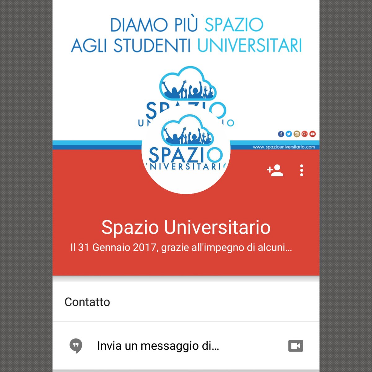 SpazioUni's tweet photo. Il 31 Gennaio 2017 nasce SPAZIO UNIVERSITARIO.

DIAMO PIÙ SPAZIO AGLI STUDENTI UNIVERSITARI

Seguici anche su #Google+ :  https://t.co/InPPbtFPu8

#SpazioUniversitario #DiamoPiùSpazioAgliStudentiUniversitari #Spazio #SpazioSocial #UNIPA #UniversitàDegliStudiDiPalermo https://t.co/Qh52gEVVq7