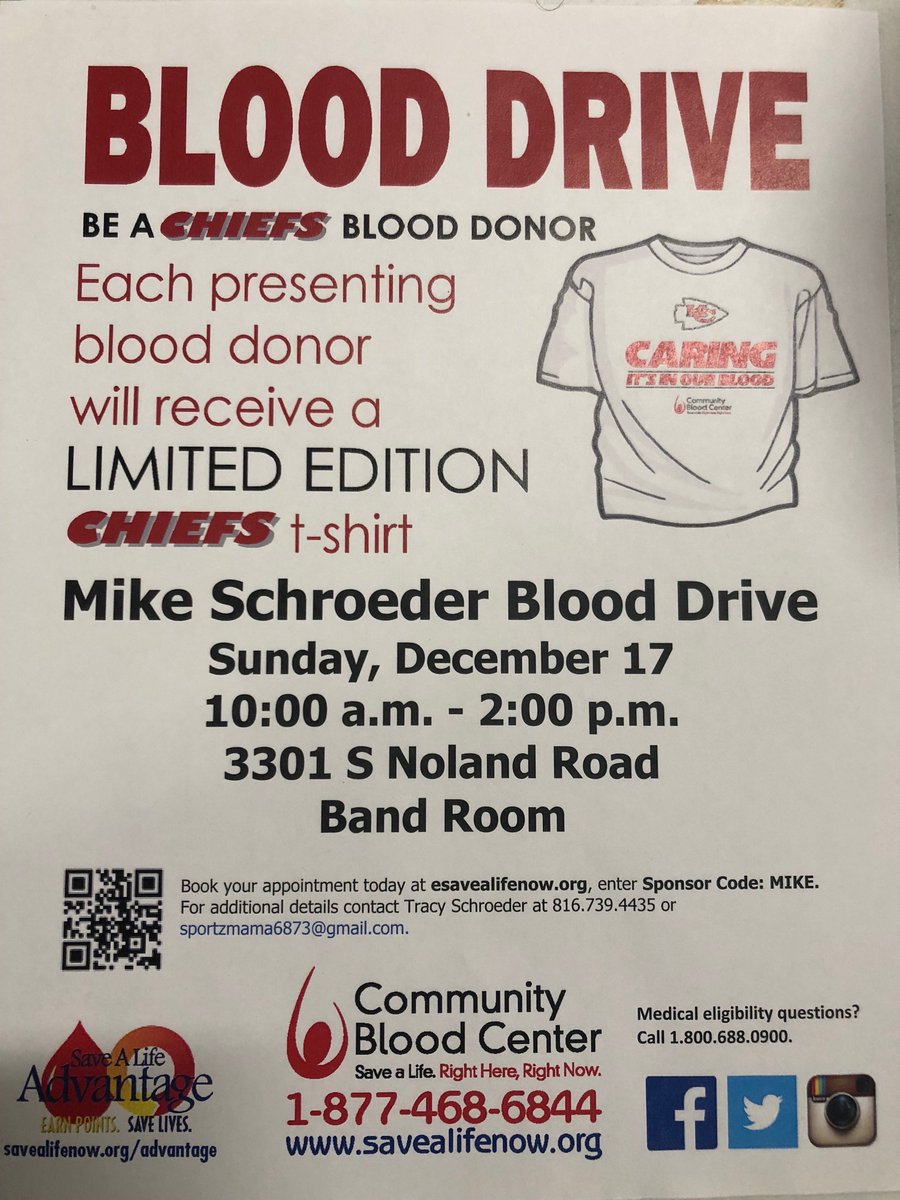 Truman_Football's tweet photo. #ComeSaveALife! Be a #CHIEFS Blood Donor! Sunday, December 17th 10:00am-2pm @ Truman High School in Independence.  #ForAGreatCause in honor of one of our own. @THSPatriots @THSPatriotsClub @ericholm5 https://t.co/84oB0J60wn