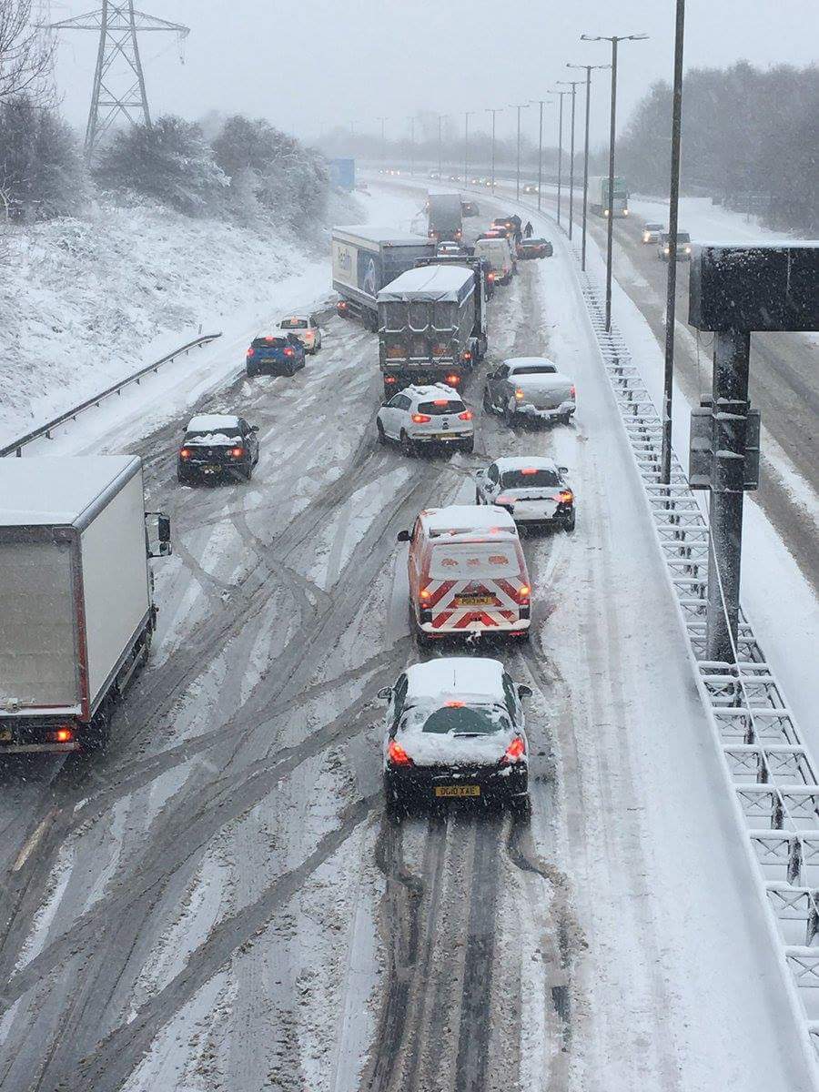 YampyYamYam's tweet photo. Avoid the M5 juct 2. Taken at 11 am this morning. Only drive if really necessary. Take care out there folks 😧😕😲 https://t.co/8UZiw0v3LO