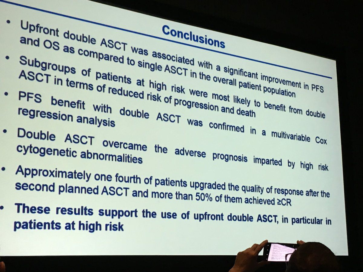 ninashah33's tweet photo. EMN02: better PFS and OS with tandem ASCT and maybe benefits high risk pts the most. How to reconcile with BMTCTN 0702? #MYELOMA https://t.co/Ts2L4d01ly