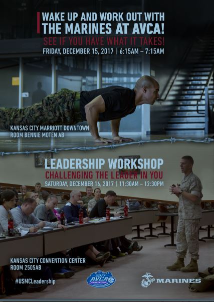 AVCAVolleyball's tweet photo. RSVP today for the @USMarineCorps Leadership Workshop: Challenging the Leader in You at the #AVCAConvention. RSVP at marines@uwgny.com. #USMCLeadership https://t.co/KcXVl0iTw6