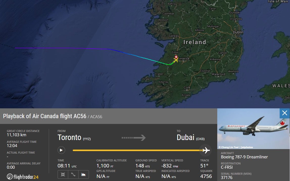AirportWebcams's tweet photo. Air Canada #AC56 Toronto-Dubai (787-9 C-FRSI) diverted to Shannon at 0815UTC today with a medical emergency on board (50s, M, cardiac arrest): https://t.co/7EB398M19r https://t.co/TkUnDWxDFh