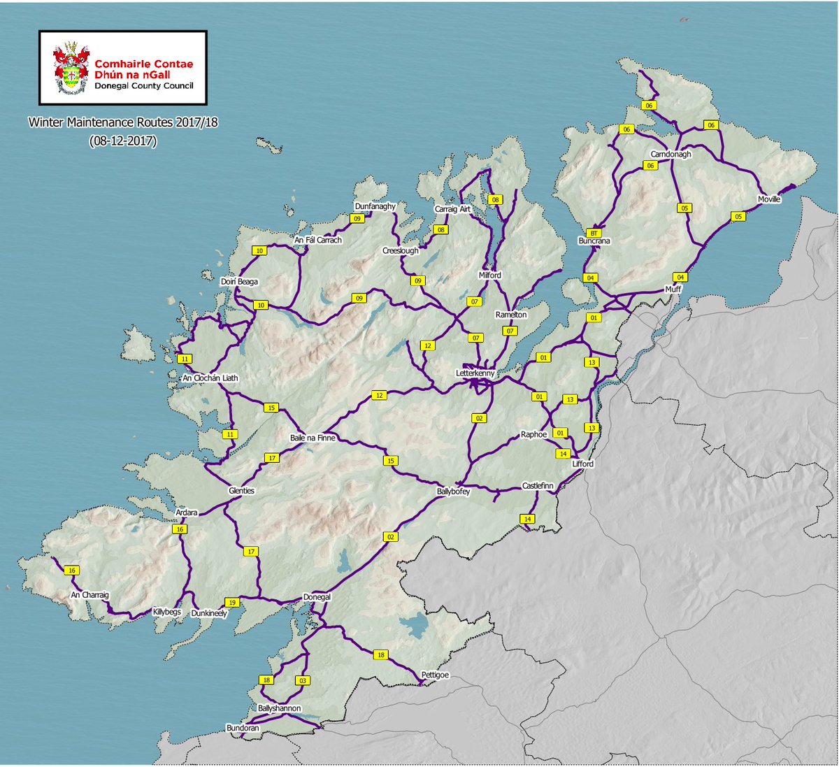 donegalcouncil's tweet photo. Routes (ALL) to be gritted (in purple), from: 6PM More Info: https://t.co/hZifkoEOah #Donegal Assume that no road is ice free Please drive with care. https://t.co/iACHmRBBfU
