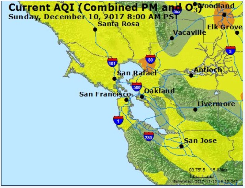 As of 8am this morning (12/10) #SF air quality is Yellow (Moderate) due to the SoCal fires. Anyone unusually sensitive to air pollution should reduce prolonged or heavy outdoor activity. Watch for symptoms like coughing or shortness of breath. These are signs to take it indoors.