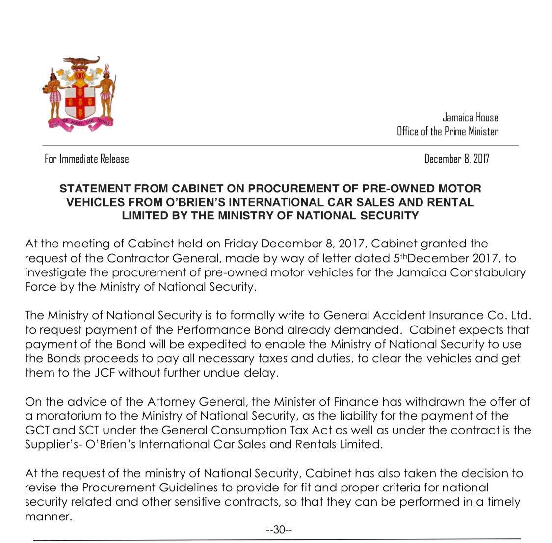 تويتر  Andrew Holness على تويتر: "Press Release: Statement From