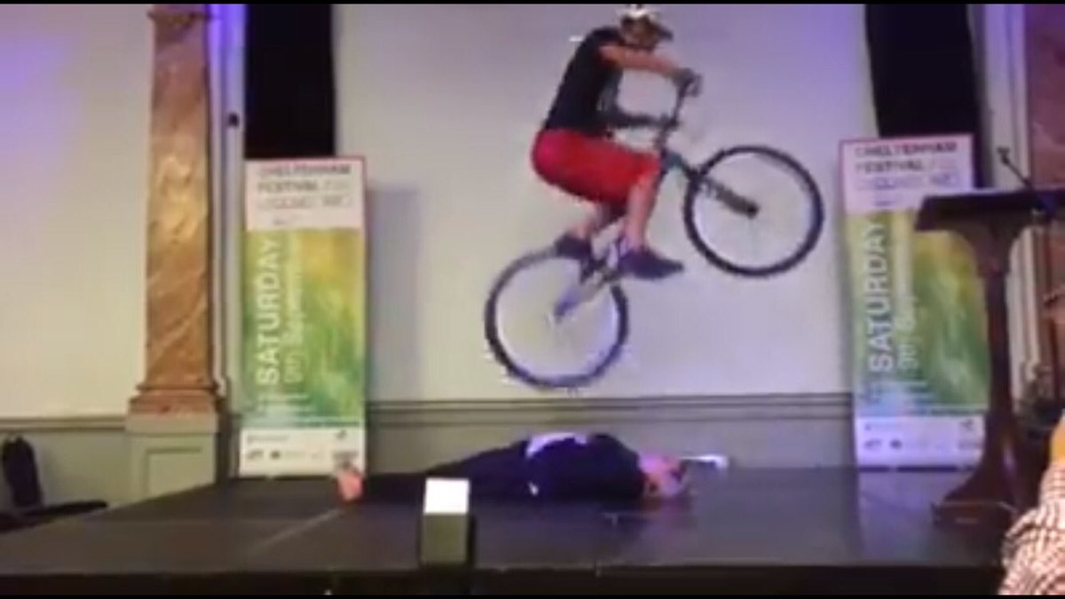 Chelt52's tweet photo. How did I get through the whole week on #Chelt52 without mentioning the time I let a grown man with a heavy bicycle bounce either side of my head &amp; the rest of me to promote #CheltCycleFest #OVOToB 🙈😱 #StuntMayor https://t.co/OvBbFZil26