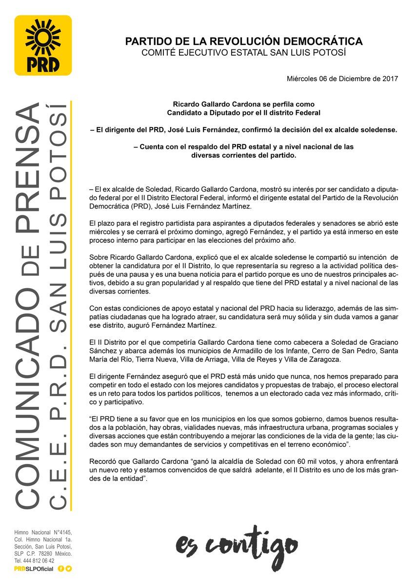 Comunicado de Prensa | Ricardo Gallardo Cardona se perfila como Candidato a Diputado por el II distrito Federal. #PRD #SLP #EsContigo