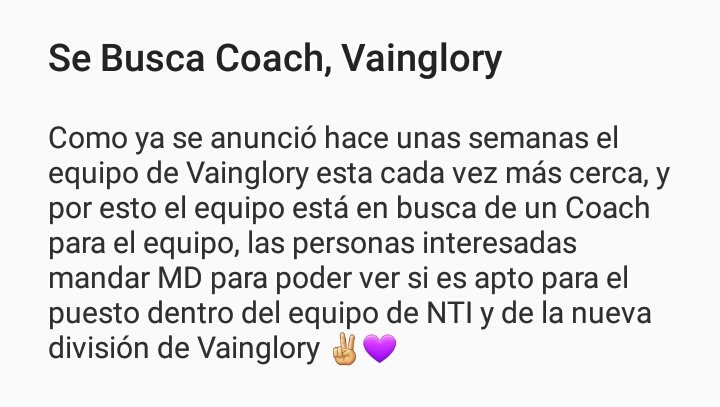 NToxicImplosion's tweet photo. Ya muy pronto saldrá la división de #Vainglory del equipo de NTI! ✌💜 este será un progreso muy importante para el equipo y por eso buscamos un Coach apto para NTI! Un RT se agradece @SmougGG @EliteVanguardia @TeamUltraBo @CRSteelDS @ReneMN18 @JuanTola35 https://t.co/3k0qNJhsdU