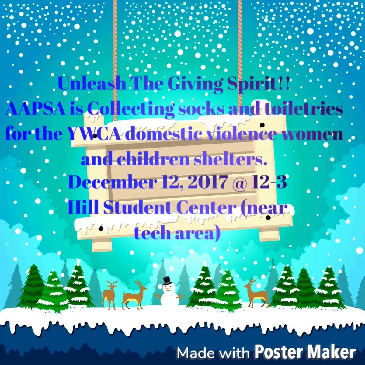One last chance!!Unleash the Giving  Spirit!!!The African-American Psychology Student Association is collecting socks and toiletries to benefit the residents of the YWCA Domestic Violence Women and Children shelters. Please come, donate, and share with others! #UAB