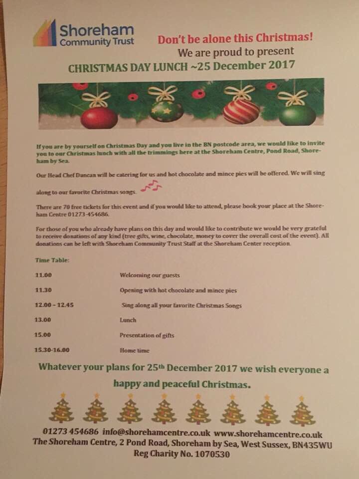 For anyone alone on Christmas Day. A great free lunch! Volunteers welcome too... Contact <a href="/ShorehamCTrust/">ShorehamCTrust</a> #Shoreham