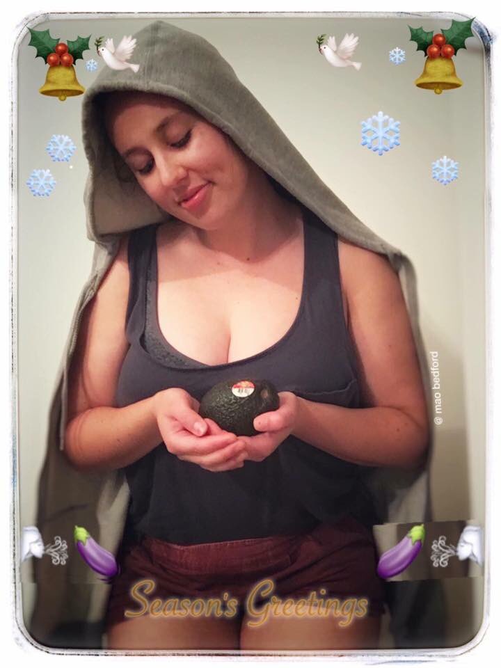 BernardSalt's tweet image. "The Adoration of Avo" in which the Madonna "knows" by divine epiphany that the Christmas avo is perfectly ripe.  Source: Mao Bedford, Perth.