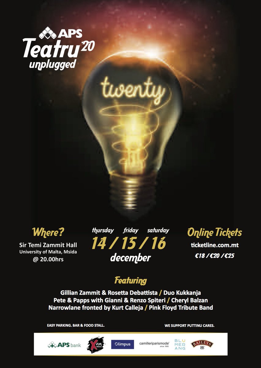 Don't miss APS Teatru Unplugged 20 this Thursday 14, Friday 15 and Saturday 16 December. Get your tickets from ticketline.com.mt/bookings/Shows…
