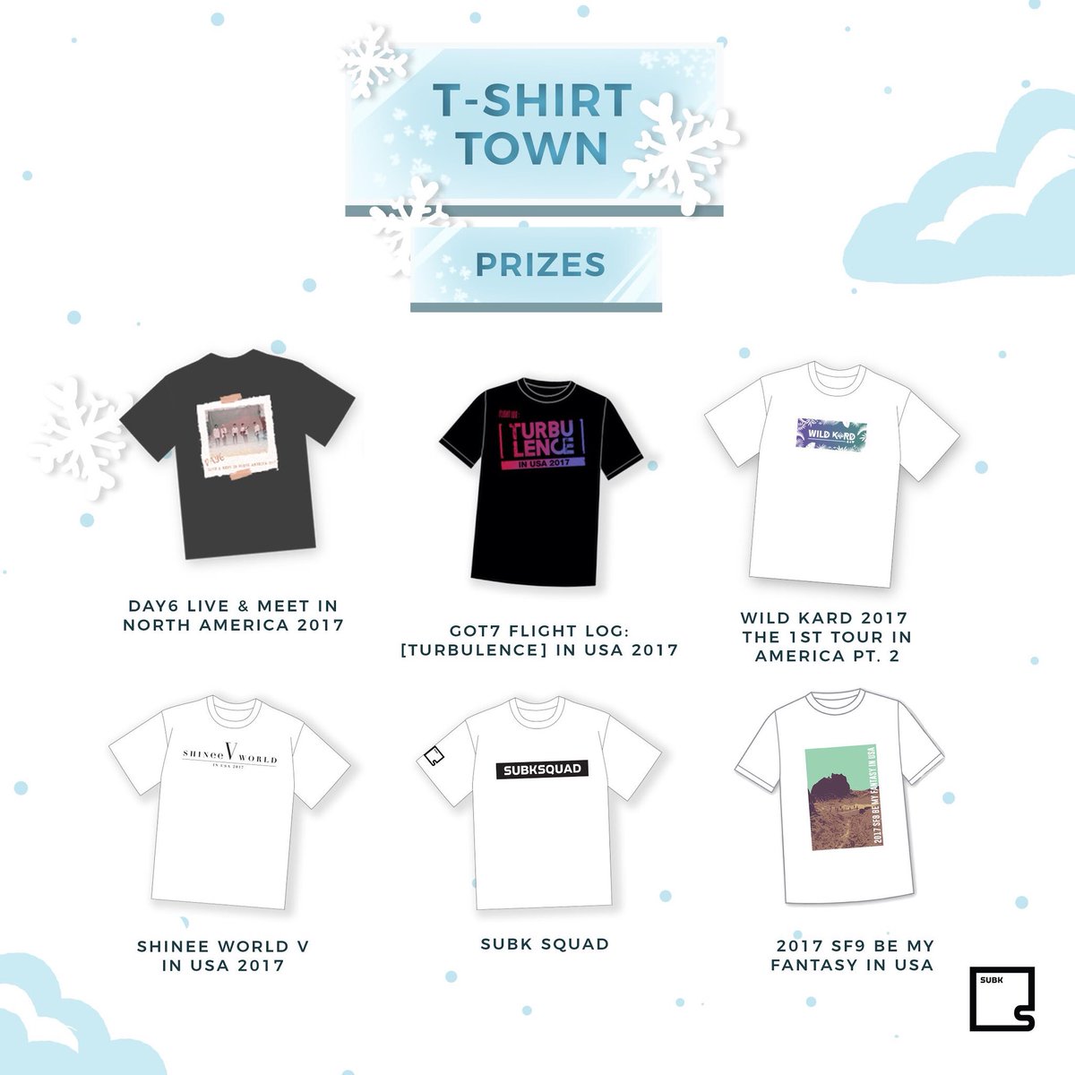 SubKultureEnt's tweet photo. The #SubKSantaExpress 🚂 has made its 3rd stop in T-shirt Town 👕 Enter for a chance to win our SubK T-Shirt Pack, which includes t-shirts from #TURBULENCEinUSA, #SHINeeWORLDinUSA, #WILDKARDinUSA PT. 2, #DAY6inNA2017, #SF9inUSA, and even a SubKSquad t-shirt! 🙌🏼 https://t.co/qzISexAZM7