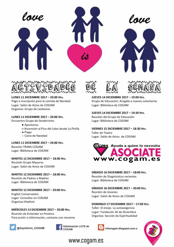 Calendario de actividades para la próxima semana <a href="/COGAM/">COGAM</a> <a href="/Sende_COGAM/">Senderismo_COGAM</a> <a href="/Lesbianas_COGAM/">Lesbianas de COGAM</a> <a href="/Trans_COGAM/">Trans Cogam</a> <a href="/Mayores_COGAM/">Mayores_COGAM</a> <a href="/Educacion_COGAM/">Educación COGAM</a> <a href="/Jovenes_COGAM/">Jóvenes COGAM</a>