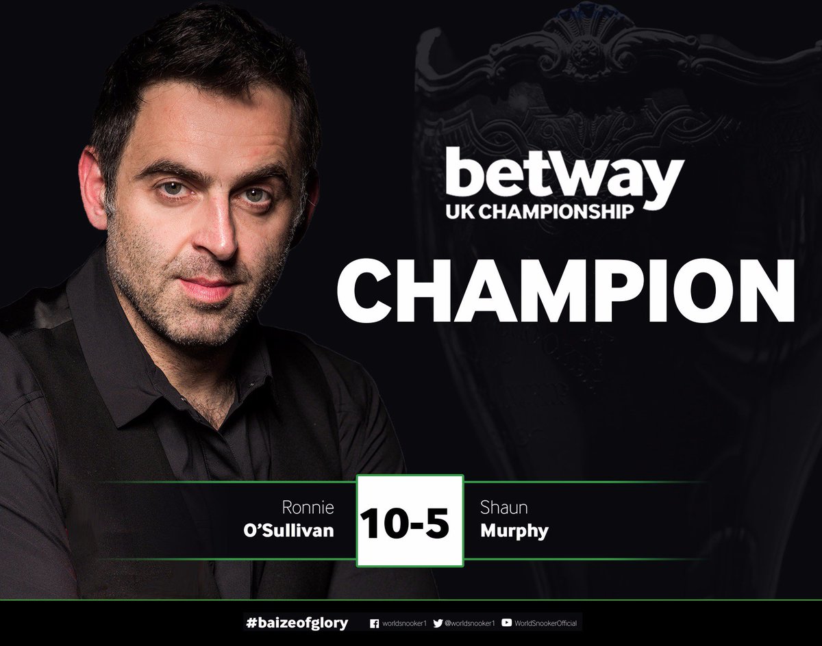 WeAreWST's tweet image. Ronnie O'Sullivan beats Shaun Murphy 10-5 to win the 2017 @betway UK Championship!

It's a record-equalling 6th UK title for the Rocket! 🏆

#baizeofglory