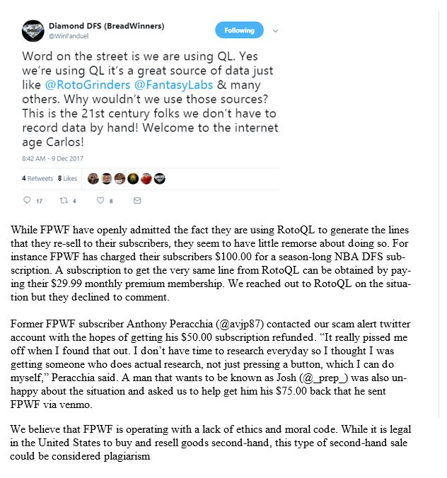 FMScamAlert's tweet photo. 🚨Our initial investigation on @fanduelprofit/@WinFanduel
We have concluded that the allegations are TRUE based on the evidence and they have been operating as a #DFSScam
We will have the complete and total investigation posted when we launch ONLY @ForwardMile
See Below: https://t.co/i4pwsZeA2T