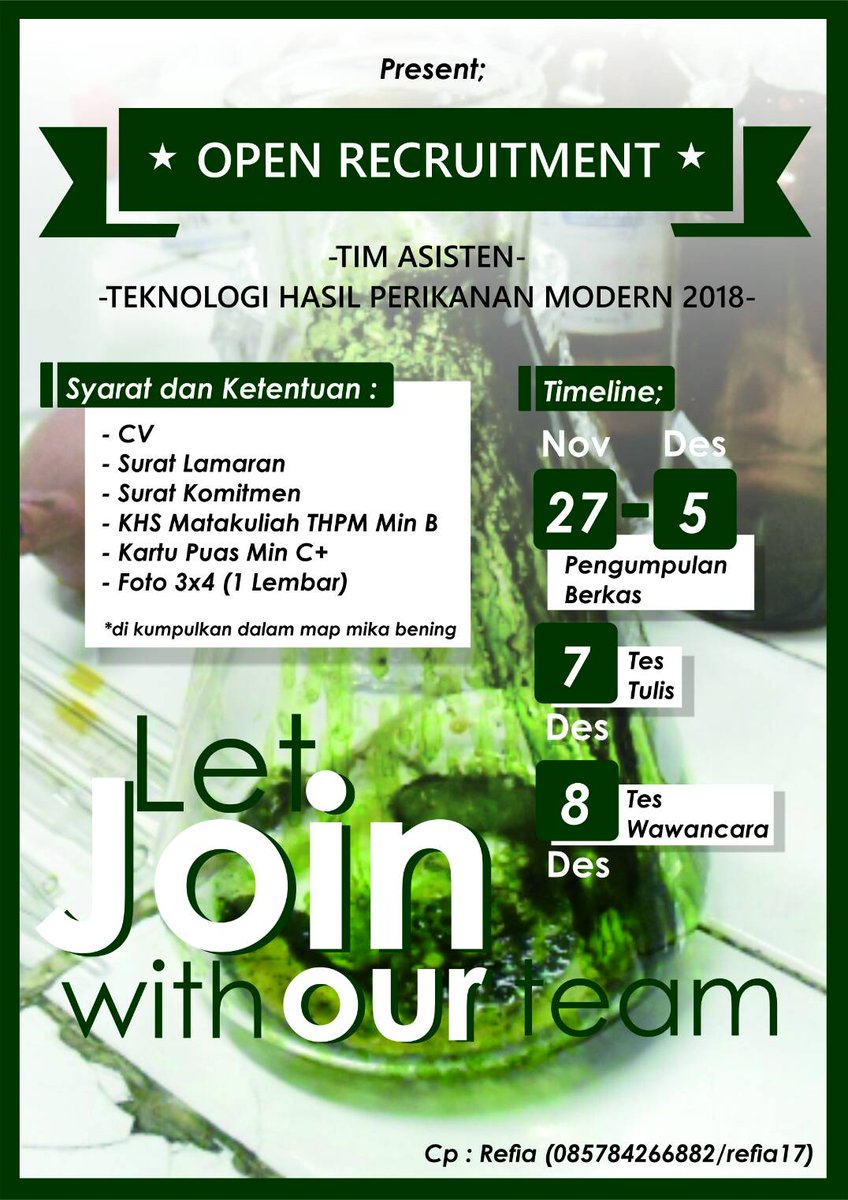 [OPEN RECRUITMENT]
Assalamualaikum wr.wb
Pendaftaran Asisten Teknologi Hasil Perikanan Modern DIPERPANJANG sampai tanggal 13 Desember 2017. 
Tunggu apalagi, yuk baca dan lengkapi syaratnya. Kami tunggu ya 😊
Cp : Refia (WA: 085784266882 / line: refia17)

Wassalamualaikum wr.wb