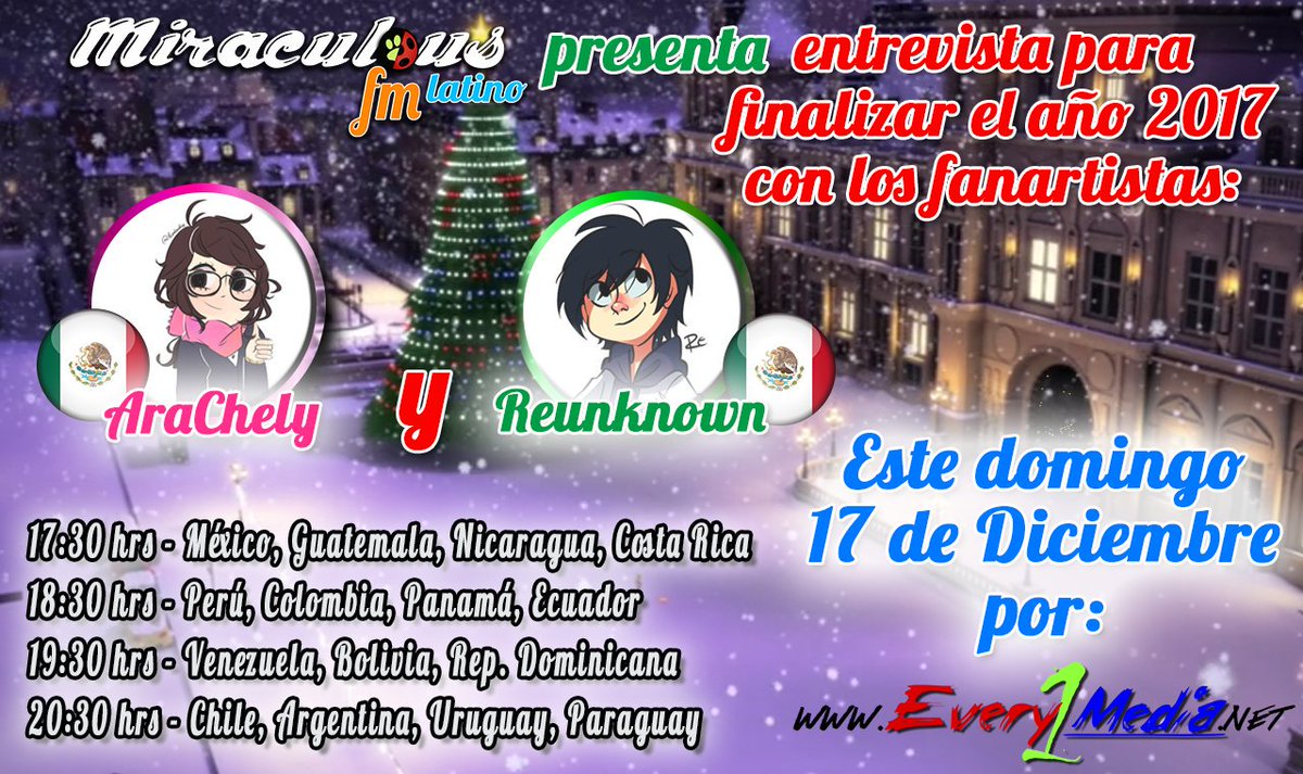 MiraculousFM's tweet image. Este domingo 17 de Diciembre tendremos el último programa del año 2017. Tendremos la compañía de dos dibujantes muy talentosos en el fandom de #MiraculousLadybug

¡Estarán @BombonGar y @Reeunknown con nosotras!

No se lo pierdan el próximo domingo solo por every1media.net