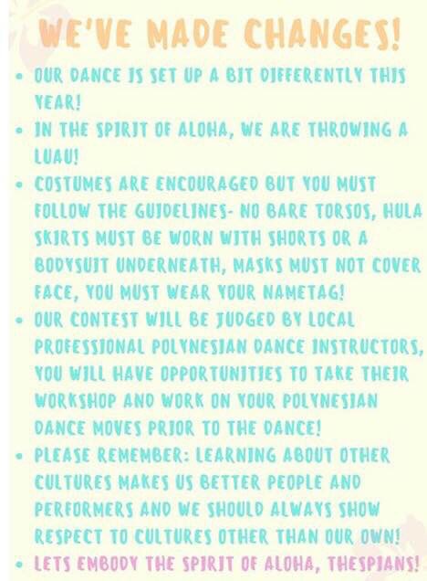 Aloha Thespians! We hope you’re all as excited as we are for Thespian Conference next month! One of our traditions, and a favorite of many, is the dance! Read below to learn about some exciting changes we’ve made this year! #mstaloha