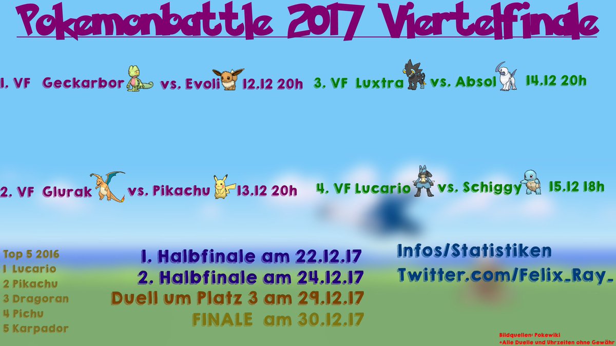 Felix_Ray_'s tweet photo. Hier nun die #Viertelfinals vom #Pokémonbattle2017 in der Übersicht.
Welches ist für euch das krasseste Duell?
#RT für Reichweite?
#Pokemon #PokemonDE #Pokémon #PokemonBattle #VotingBattle #Voting https://t.co/V1DC0ipI2B