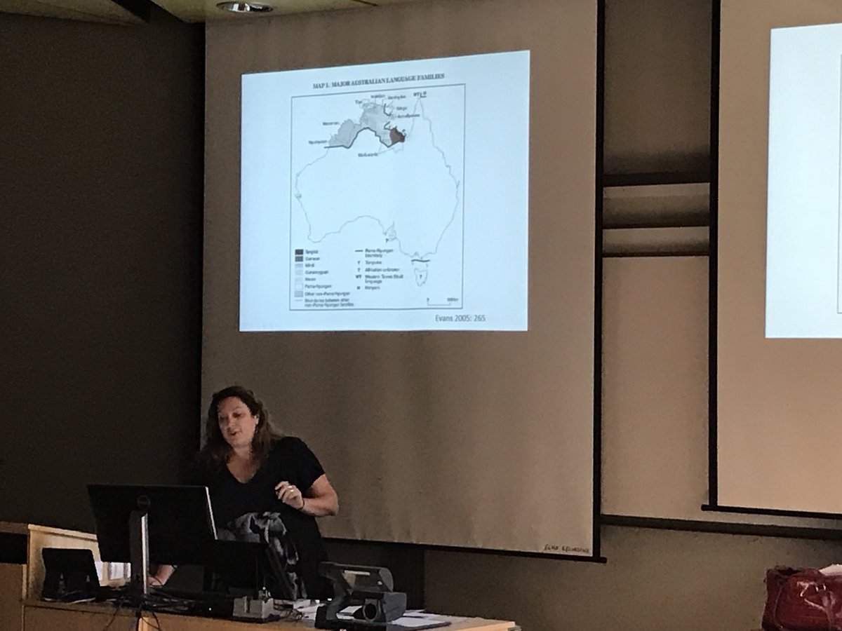 becauselangpod's tweet photo. Nordlinger & Mansfield: Many Aus langs have fallen silent, but some are still going fine. Kriol’s huge. So are mixed langs, which borrow elements from multiple langs.
Still blows me away that Pama-Nyungan langs typically lack voice contrast (ex: b&p same) & fricatives.
#ALT2017 https://t.co/RTGbTiNrEJ
